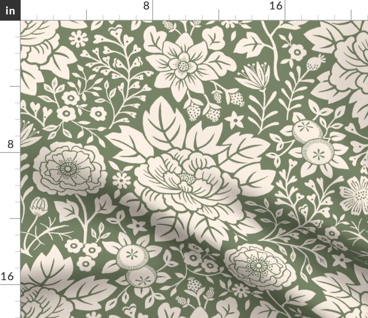 Sage Green Floral Hand Drawn Traditional Classic Serene Green And Cream Block Print Custom Printed Fabric by Spoonflower Various Fabrics by the Yard or Fat Quarter